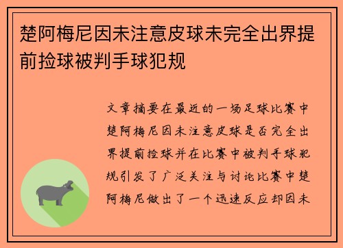 楚阿梅尼因未注意皮球未完全出界提前捡球被判手球犯规